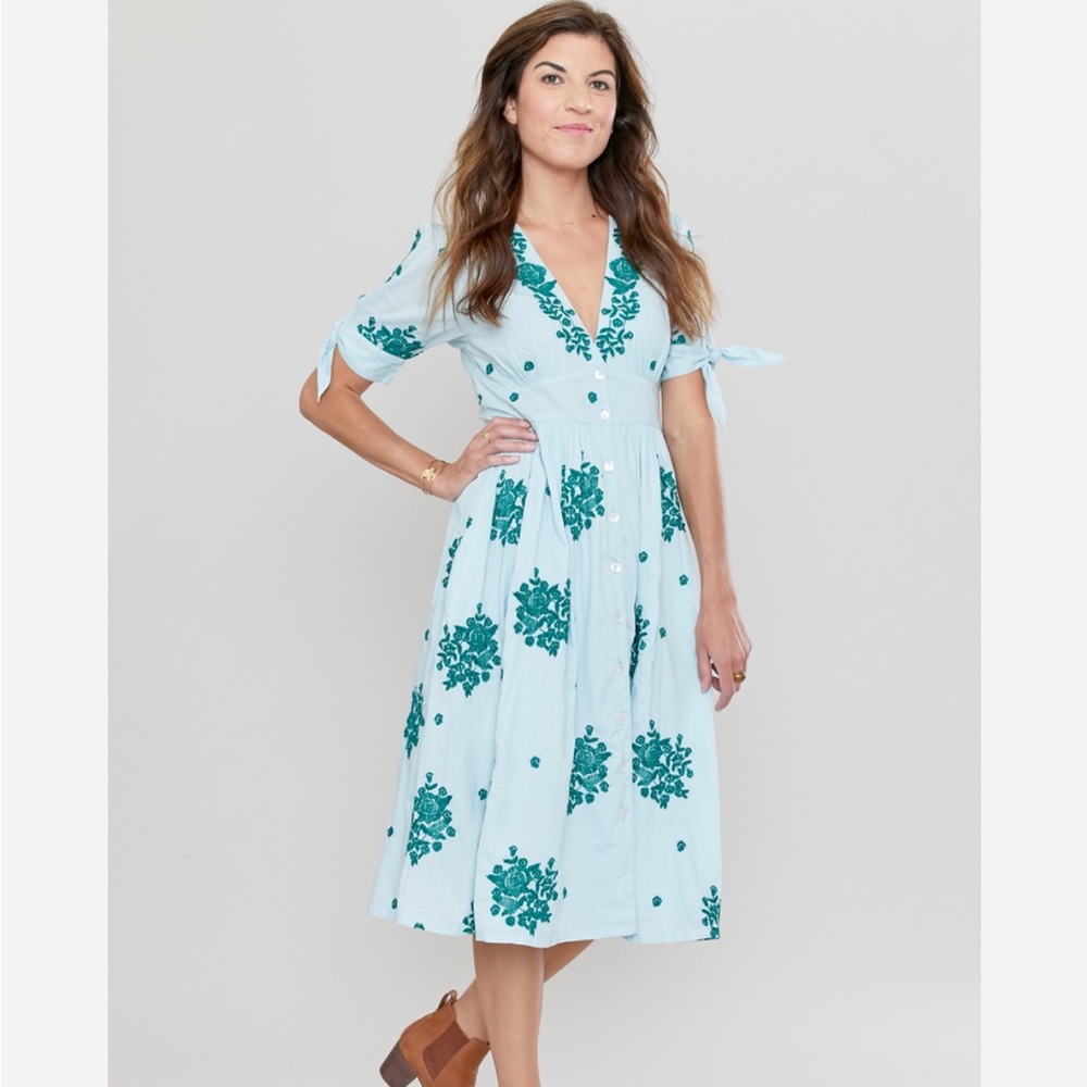 Pink Chicken Light Blue Midi Dress with Teal Floral Pattern